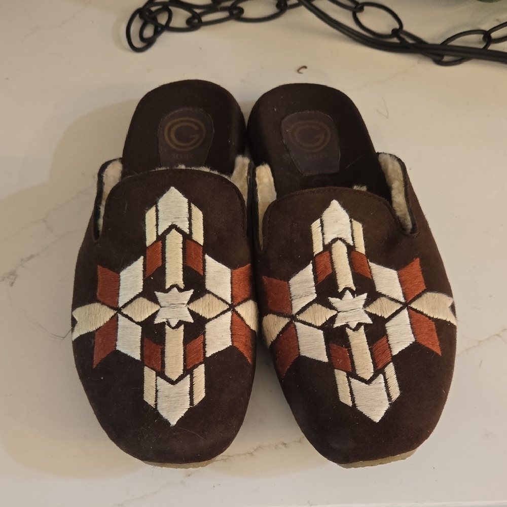 Cole Haan Brown and White Embroidered Flats